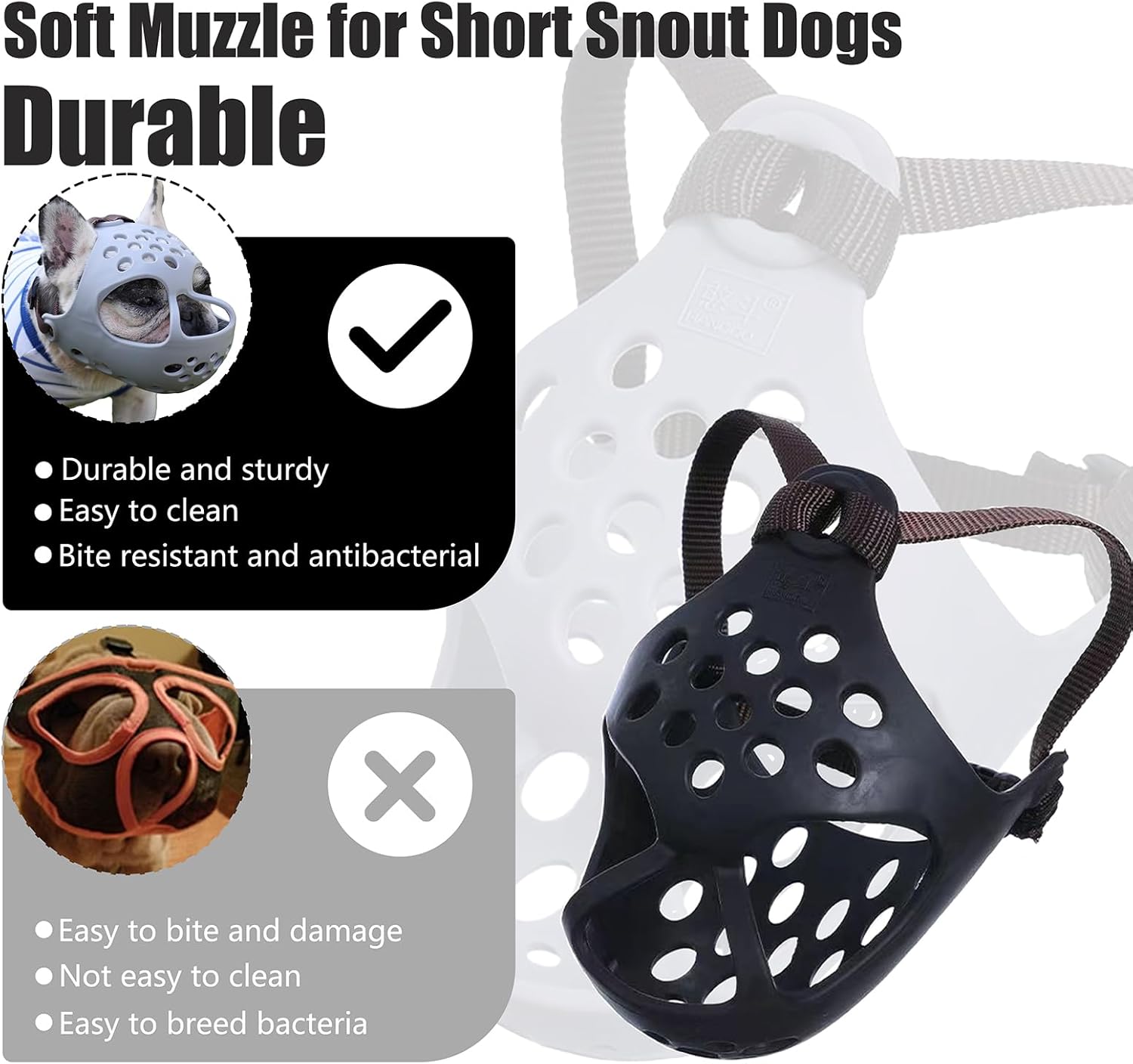 Grey Short Snout Dog Muzzle- Adjustable Soft Silicone Flat Faced Muzzle Bulldog Muzzle Breathable Dog Mask for Biting Chewing Training Licking and Grooming